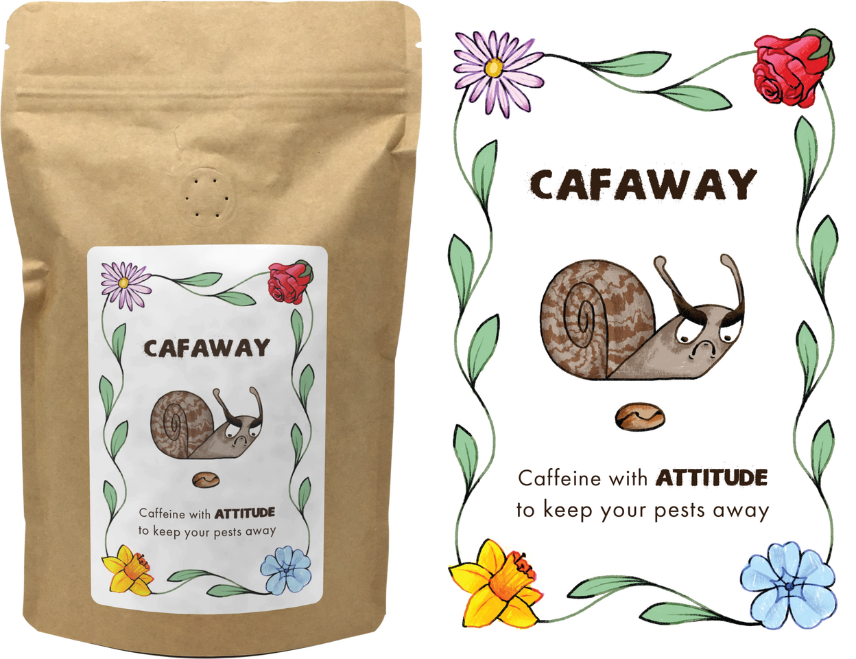 Label for &#39;Cafaway&#39; : Using coffee grounds as an eco friendly pest repellent
