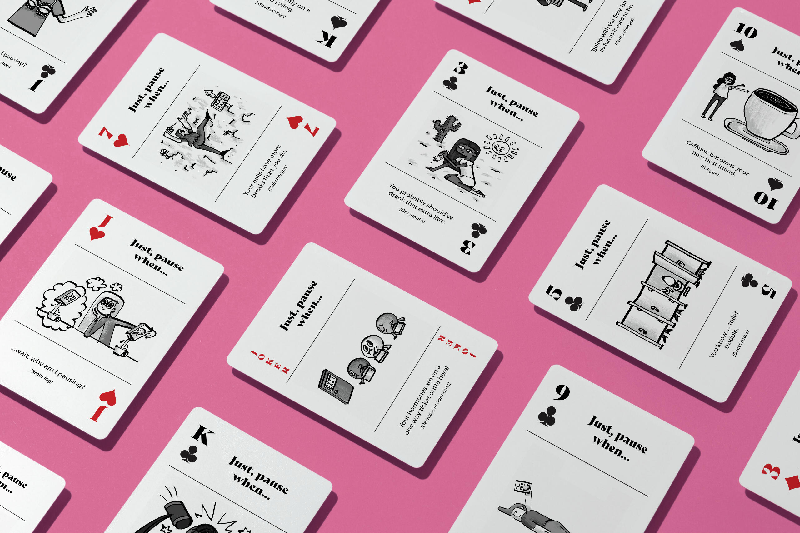 Illustrations for &#39;Just, Pause&#39; - a wellness brand providing accessible educational and preparatory resources for pre-peri and perimenopausal individuals.